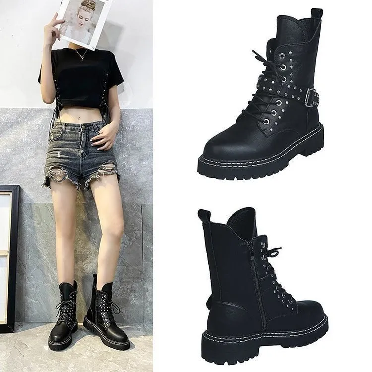 2022 New Winter British Style Women Boots Side Zipper Shallow Anti-skid Botas