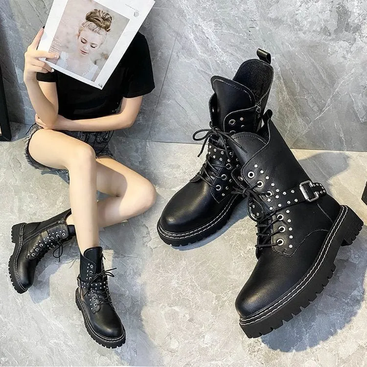 2022 New Winter British Style Women Boots Side Zipper Shallow Anti-skid Botas