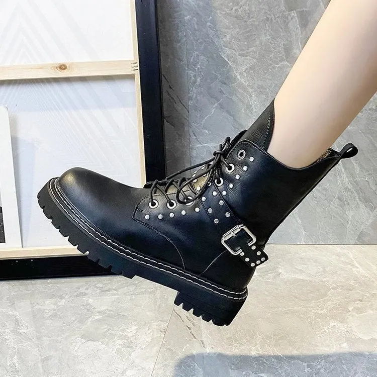 2022 New Winter British Style Women Boots Side Zipper Shallow Anti-skid Botas