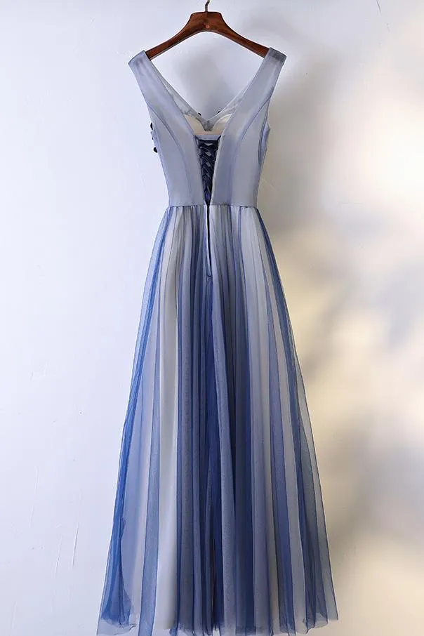 A-line V-neck Floor-Length Tulle Appliqued Beaded Prom Dresses PG516