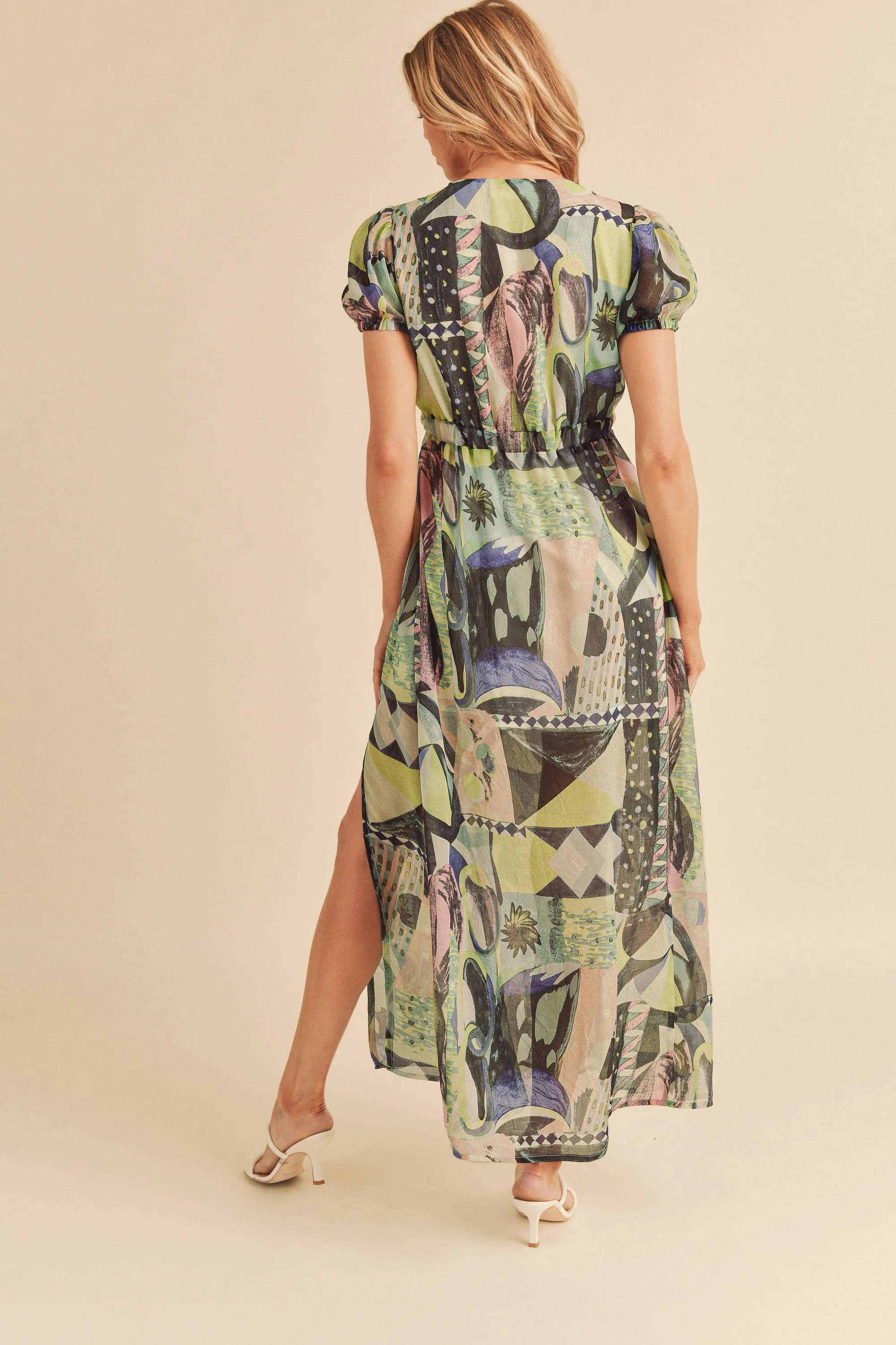 Aemi   Co Lace Detail Slit Geometric Print Short Sleeve Maxi Dress