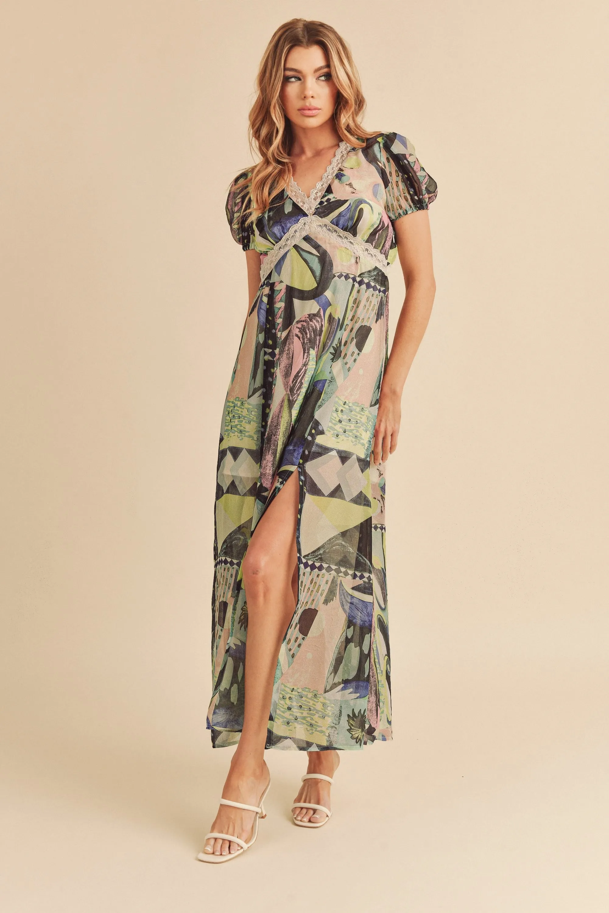 Aemi   Co Lace Detail Slit Geometric Print Short Sleeve Maxi Dress