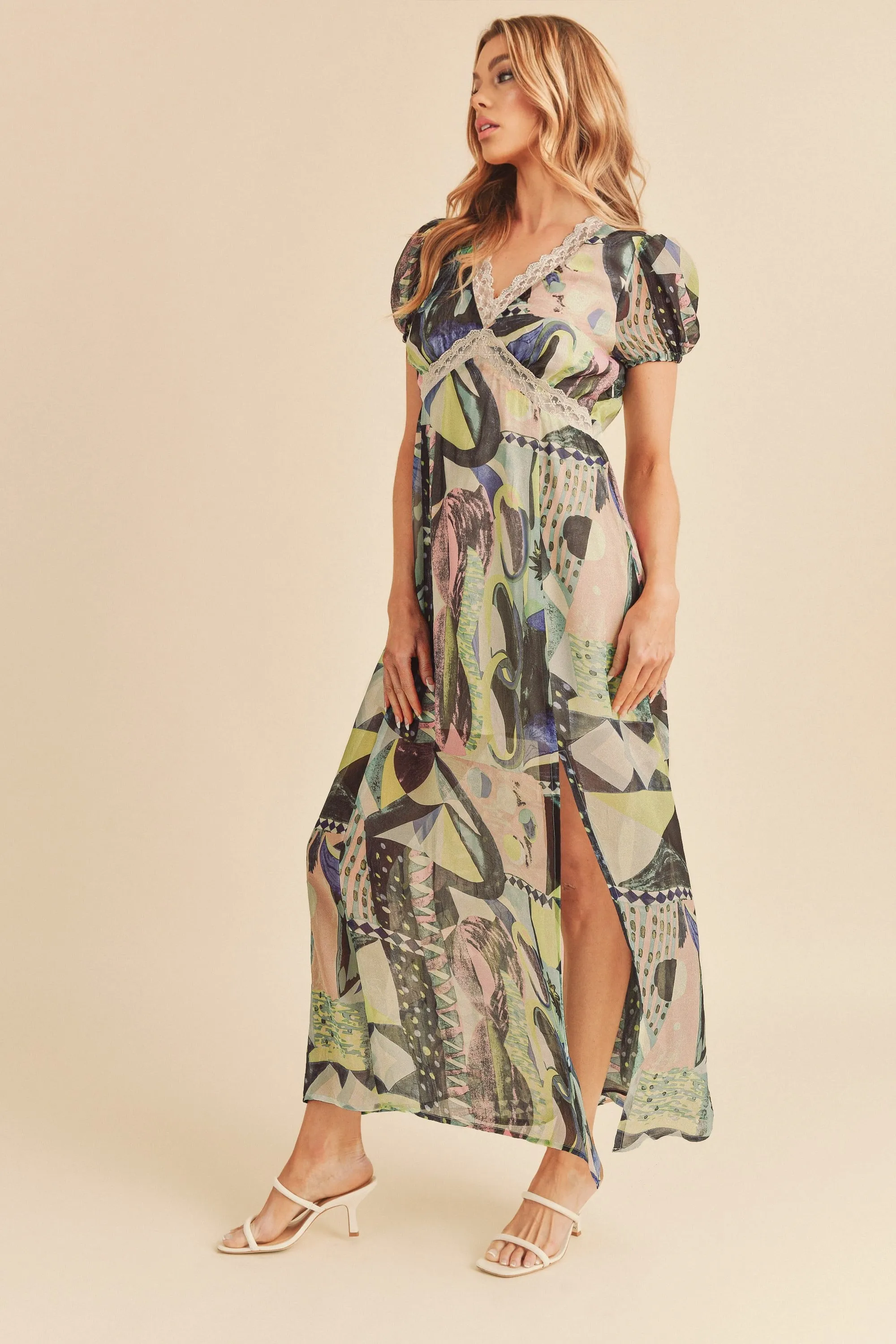 Aemi   Co Lace Detail Slit Geometric Print Short Sleeve Maxi Dress