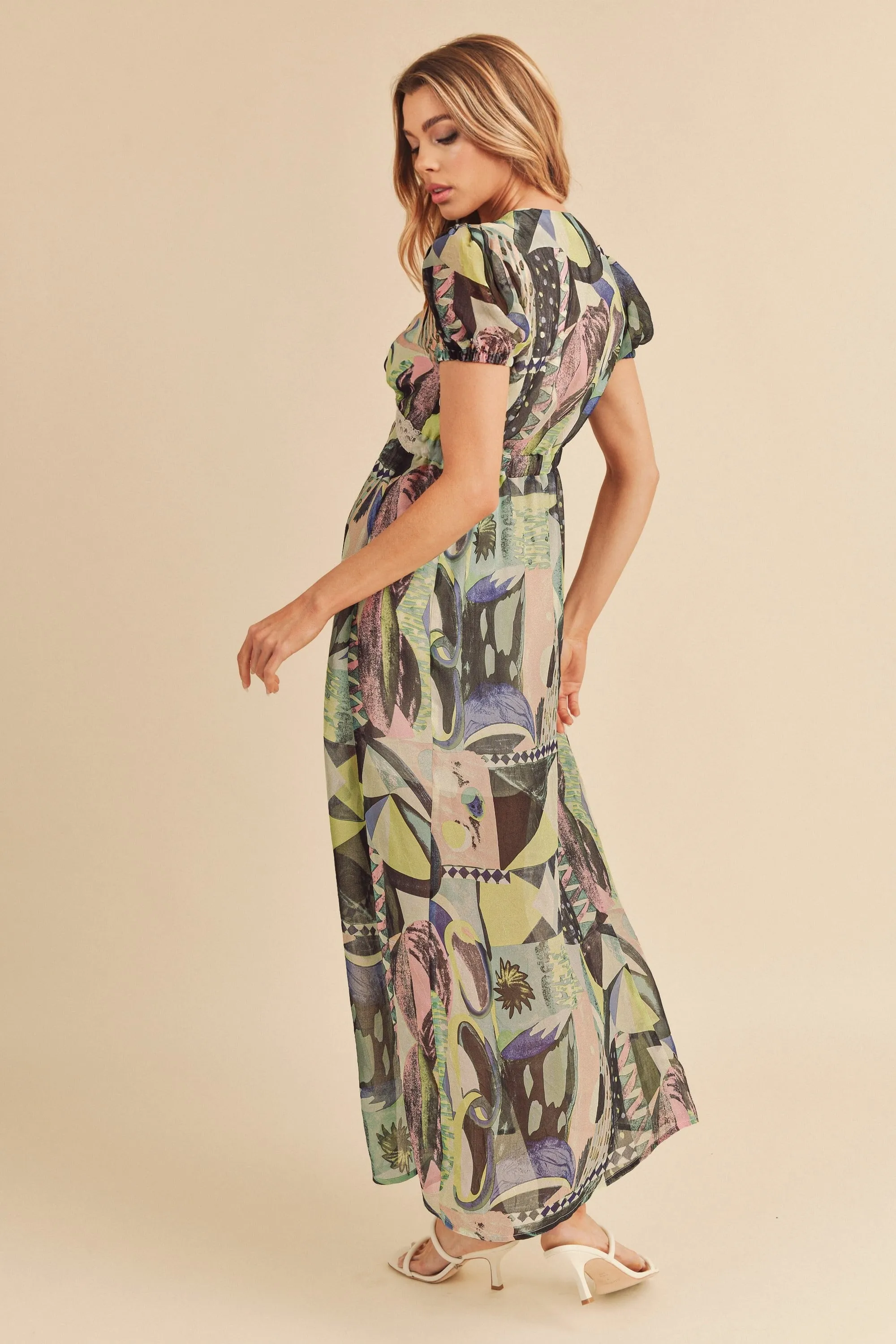 Aemi   Co Lace Detail Slit Geometric Print Short Sleeve Maxi Dress