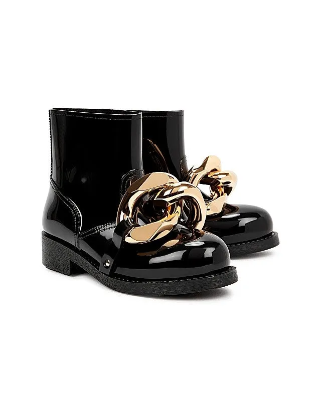 Black Chain-Embellished Rubber Ankle Boots