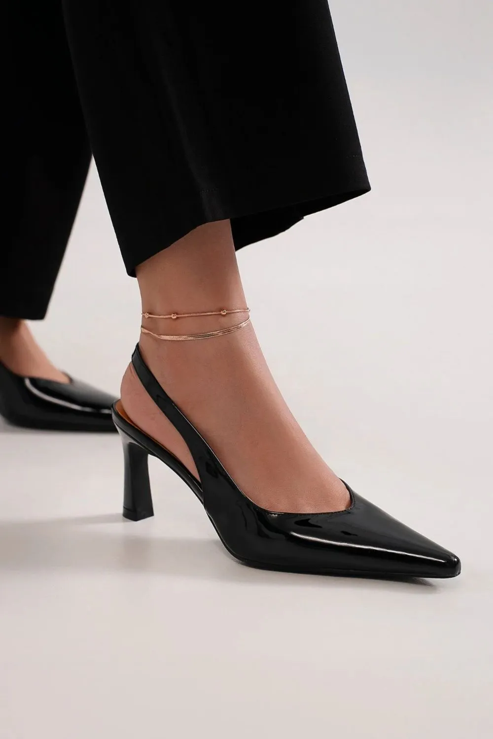 Black Faux Leather Point Toe Slingback Pumps