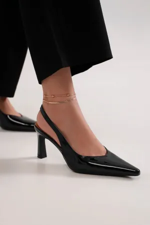 Black Faux Leather Point Toe Slingback Pumps