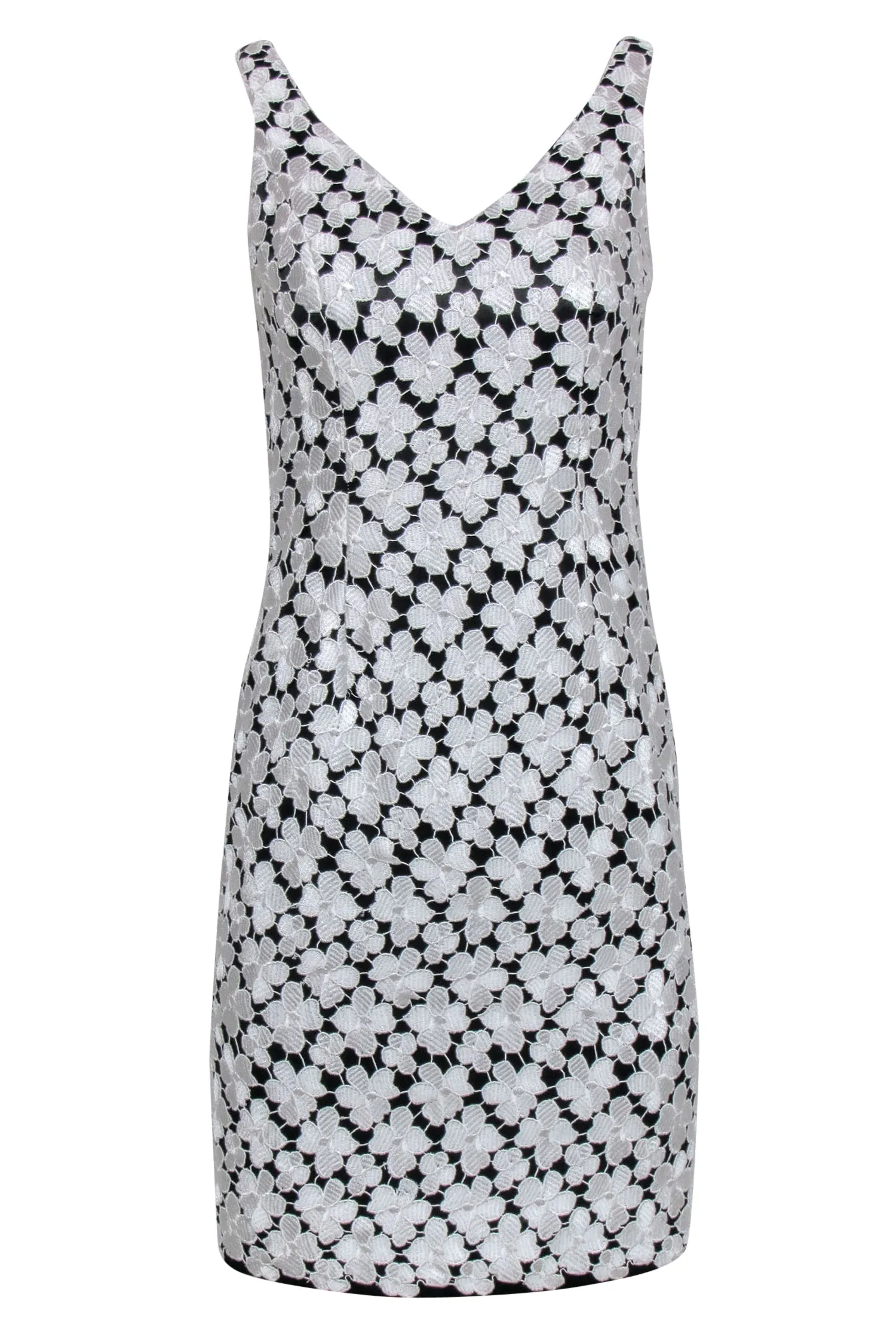Carmen Marc Valvo - White & Black Floral Lace Sleeveless Sheath Dress Sz 2