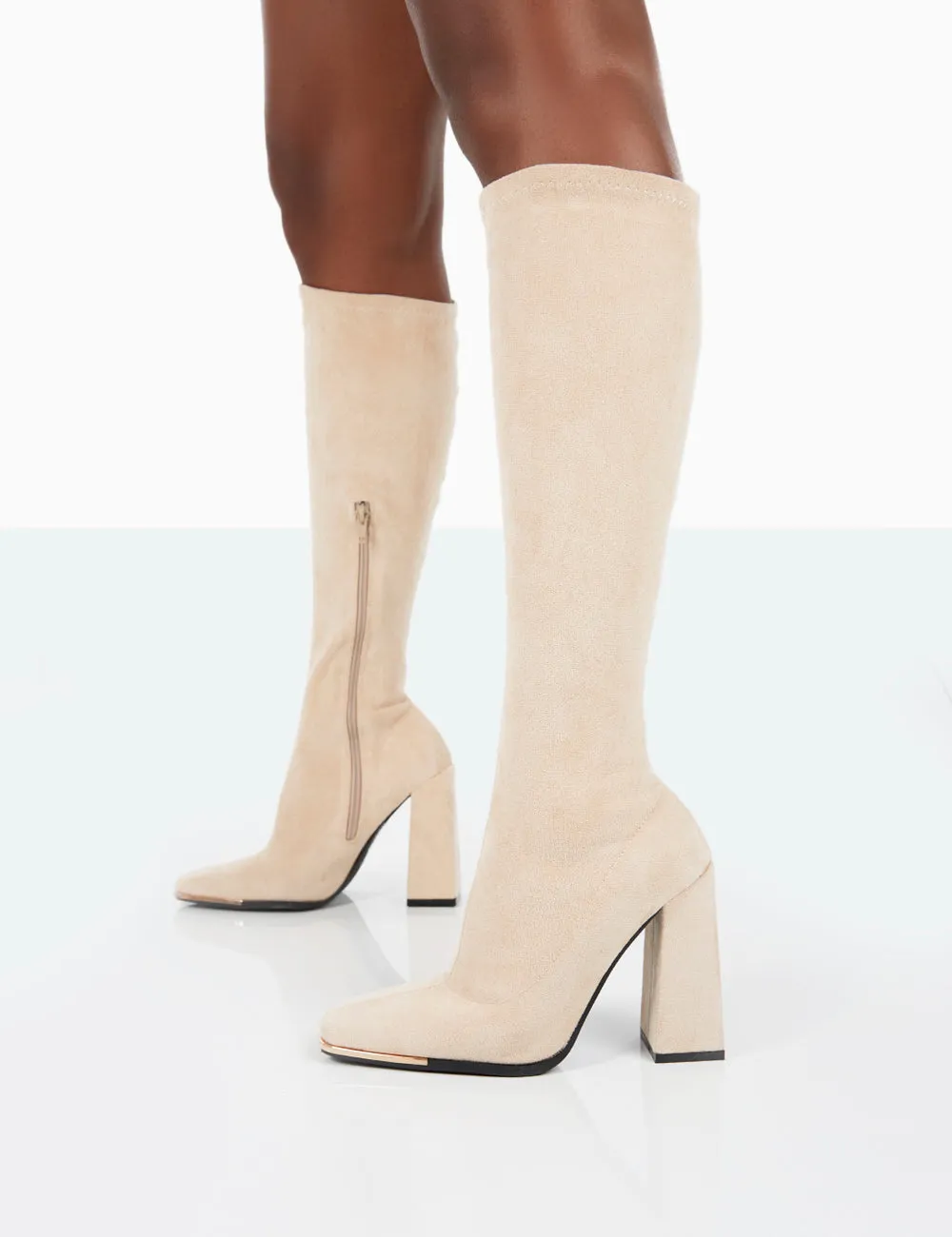 Caryn Taupe Faux Suede Knee High Heeled Boots