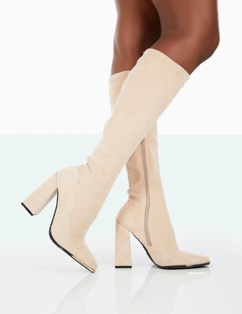 Caryn Taupe Faux Suede Knee High Heeled Boots