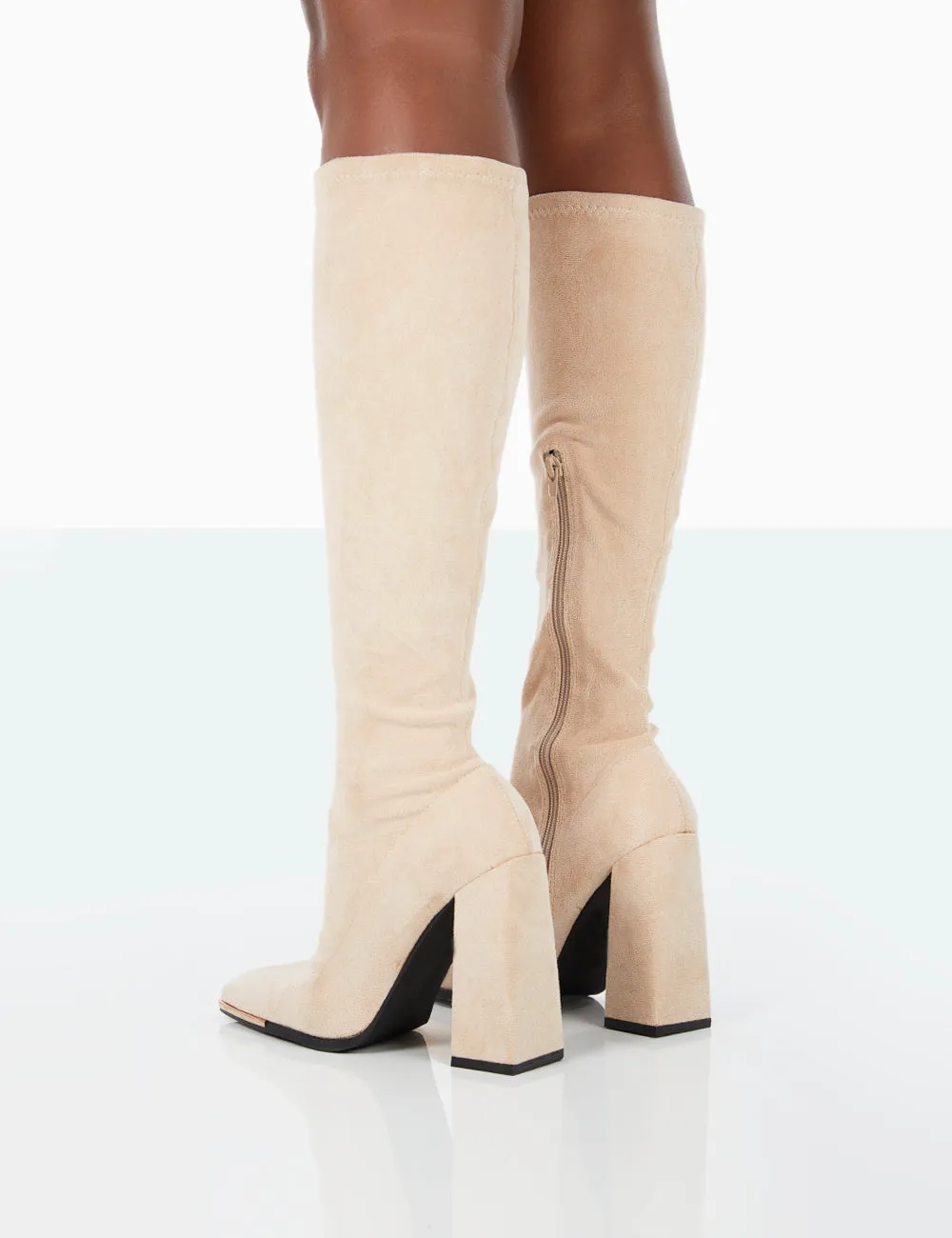 Caryn Taupe Faux Suede Knee High Heeled Boots