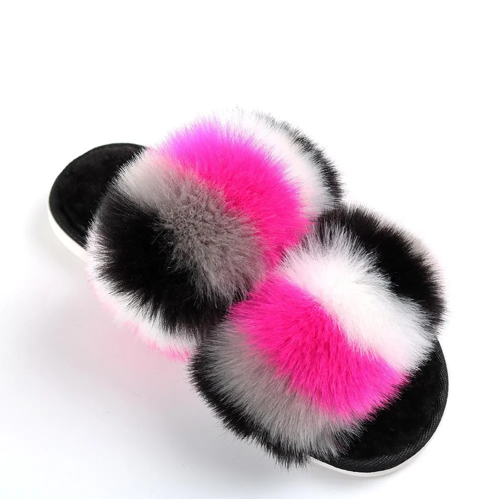 Chicvane Color Block Open Toe Fluffy Indoor Slippers Flat Slide Shoes