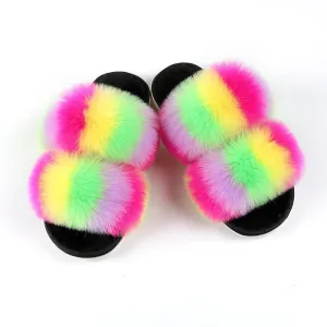 Chicvane Color Block Open Toe Fluffy Indoor Slippers Flat Slide Shoes