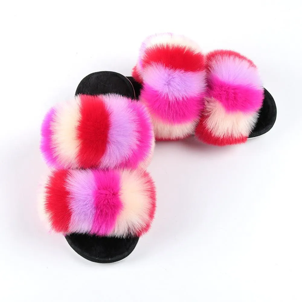 Chicvane Color Block Open Toe Fluffy Indoor Slippers Flat Slide Shoes