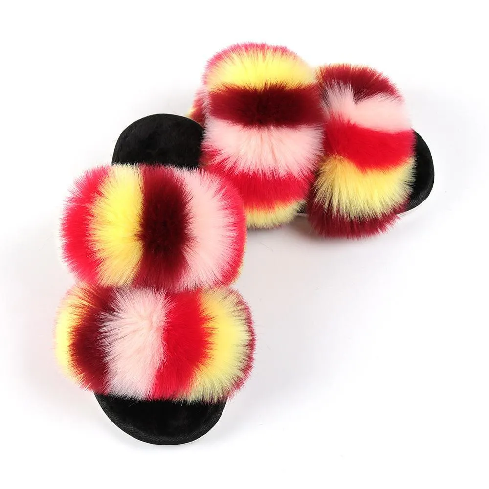 Chicvane Color Block Open Toe Fluffy Indoor Slippers Flat Slide Shoes