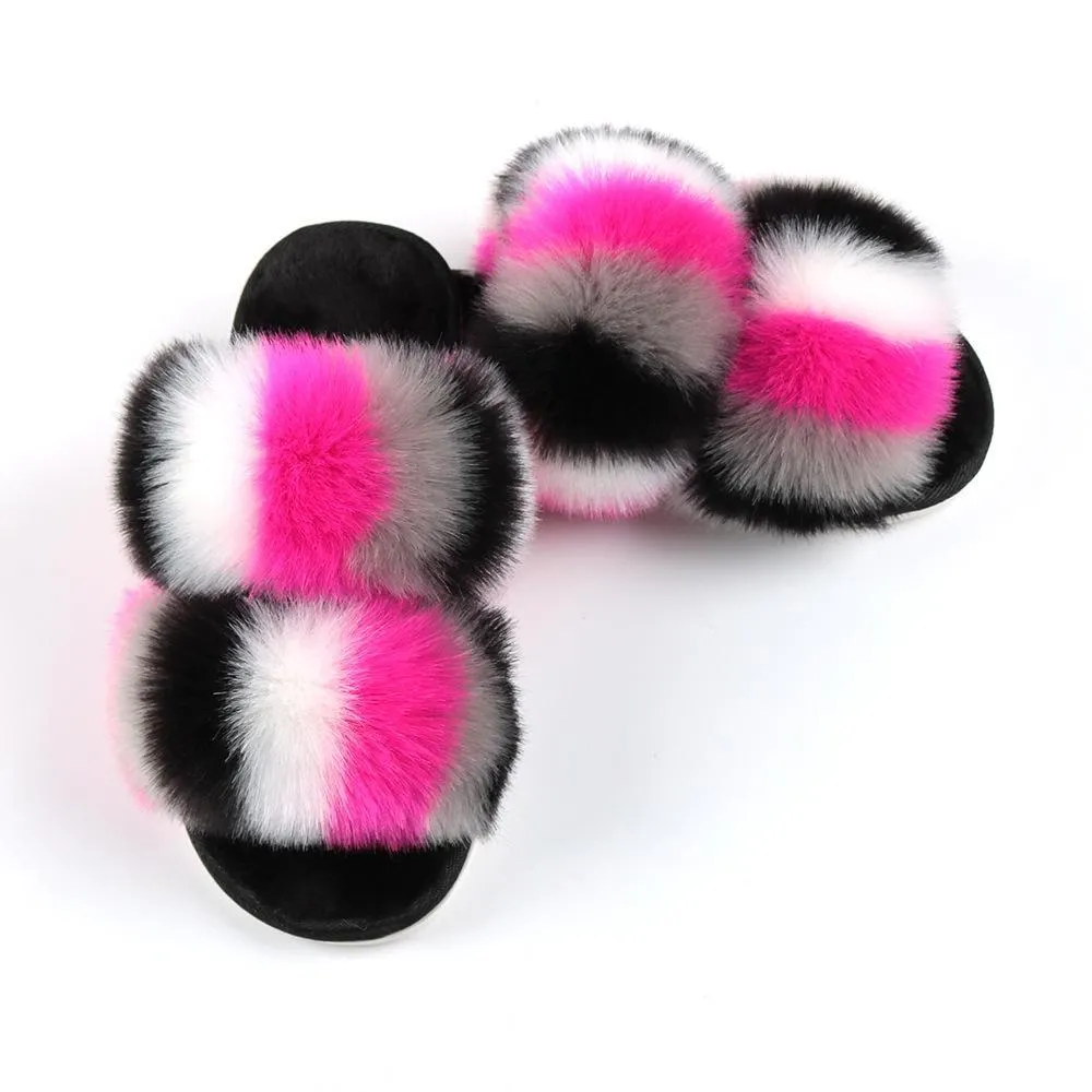 Chicvane Color Block Open Toe Fluffy Indoor Slippers Flat Slide Shoes