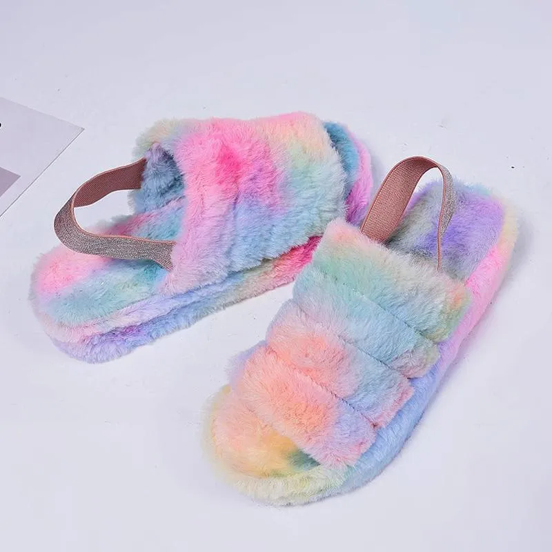 Chicvane Women's Colorful Faux Fur Open Toe Fluffy Elastic Strap Slide Sleeper