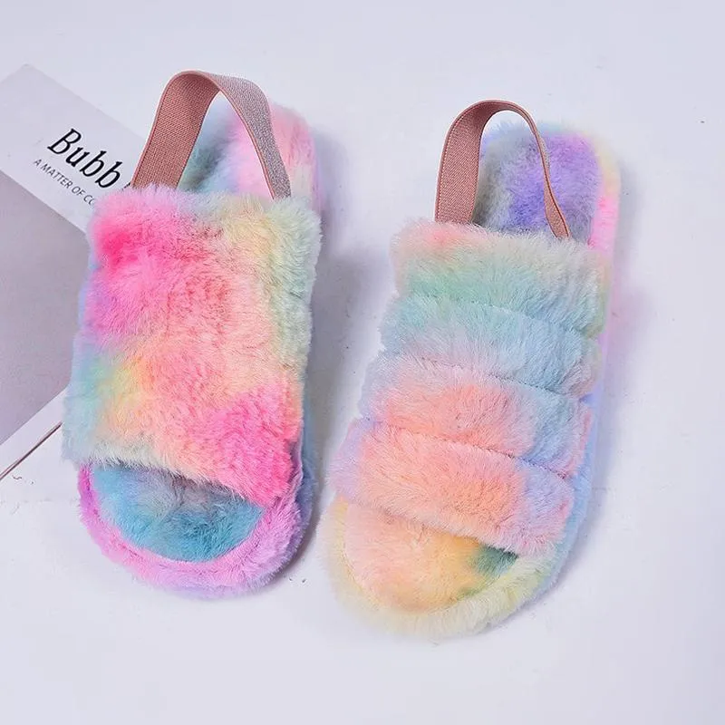 Chicvane Women's Colorful Faux Fur Open Toe Fluffy Elastic Strap Slide Sleeper