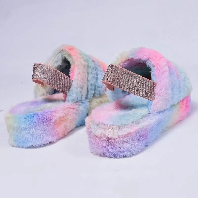 Chicvane Women's Colorful Faux Fur Open Toe Fluffy Elastic Strap Slide Sleeper
