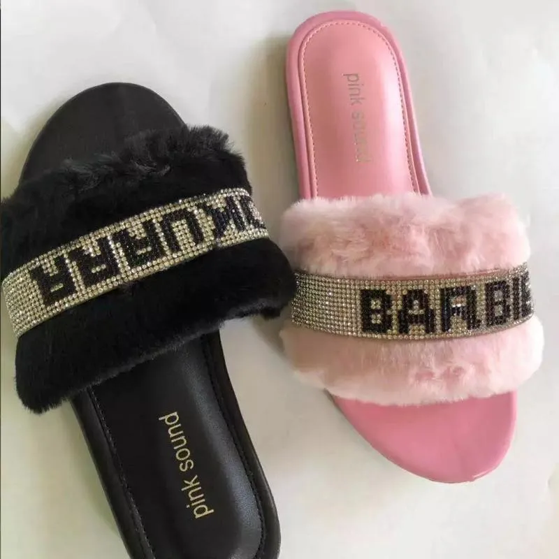 Chicvane Women's Diamond Letters Faux Fur Fuzzy Slides Indoor Outdoor Slippers