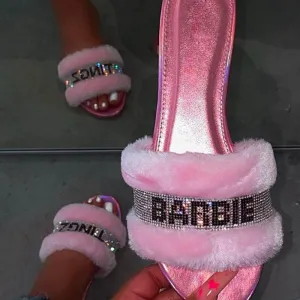Chicvane Women's Diamond Letters Faux Fur Fuzzy Slides Indoor Outdoor Slippers