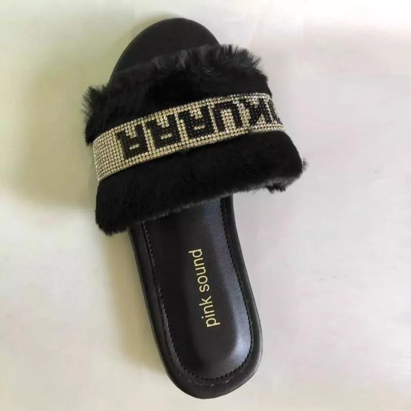 Chicvane Women's Diamond Letters Faux Fur Fuzzy Slides Indoor Outdoor Slippers