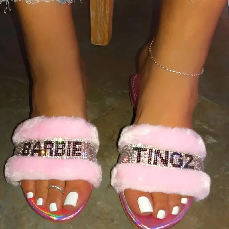 Chicvane Women's Diamond Letters Faux Fur Fuzzy Slides Indoor Outdoor Slippers