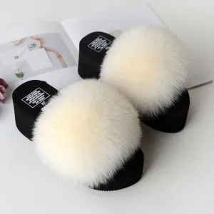 Chicvane Womens Solid Fox Fur Open Toe Fluffy Platform Slide Sleeper Sandals