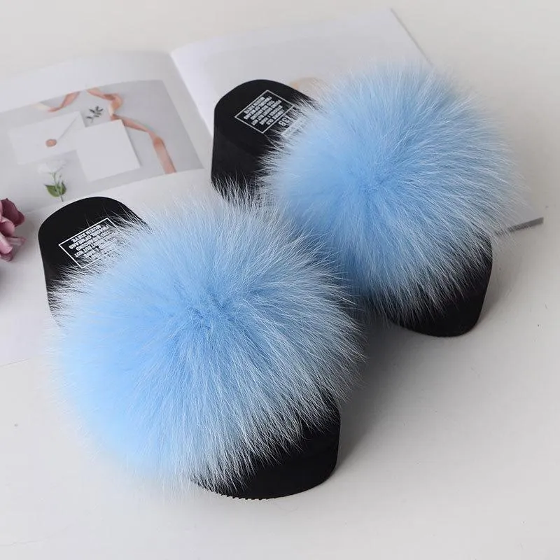Chicvane Women's Solid Fox Fur Open Toe Fluffy Platform Slide Sleeper