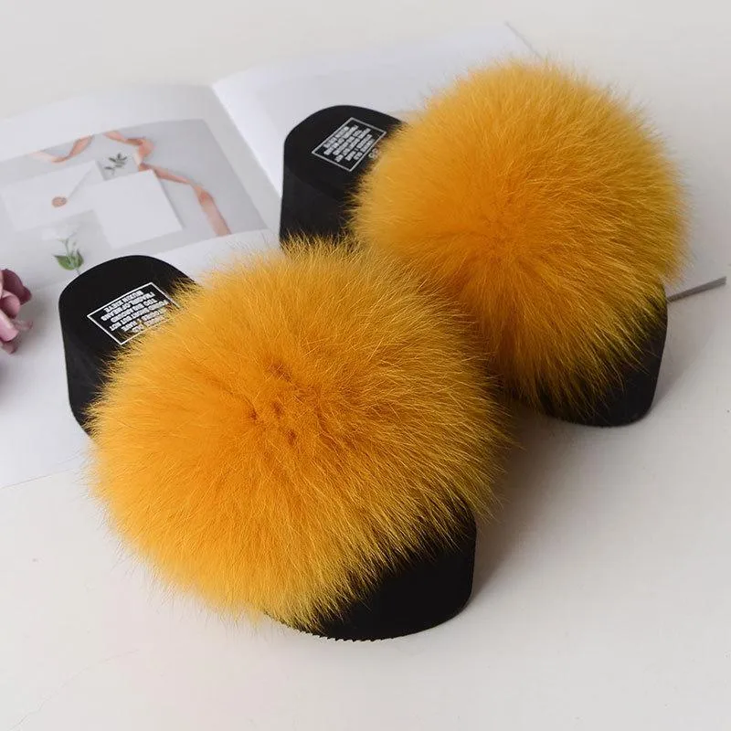 Chicvane Women's Solid Fox Fur Open Toe Fluffy Platform Slide Sleeper