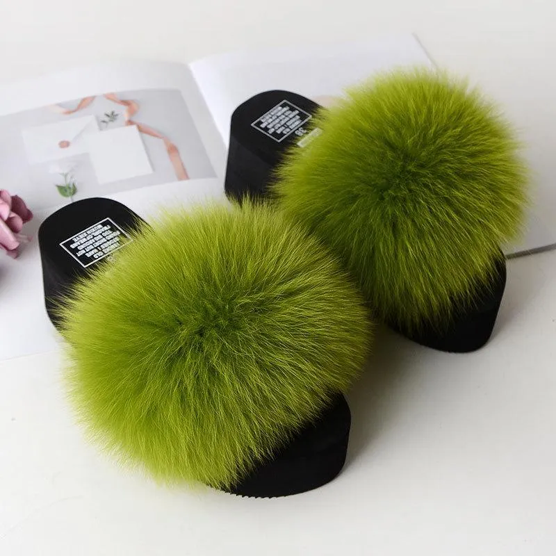 Chicvane Women's Solid Fox Fur Open Toe Fluffy Platform Slide Sleeper