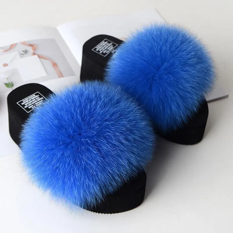 Chicvane Women's Solid Fox Fur Open Toe Fluffy Platform Slide Sleeper