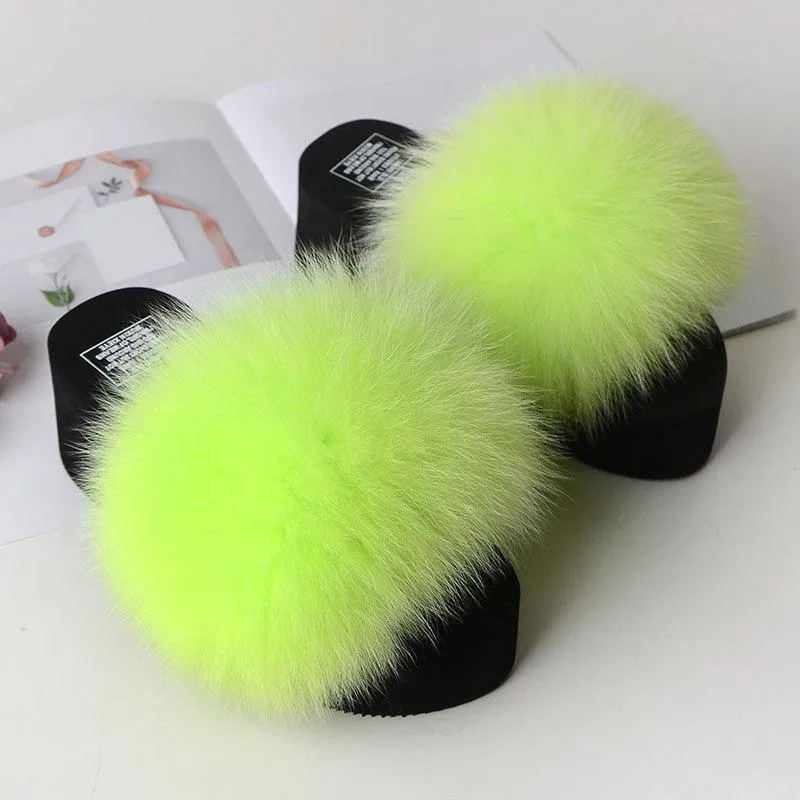 Chicvane Women's Solid Fox Fur Open Toe Fluffy Platform Slide Sleeper