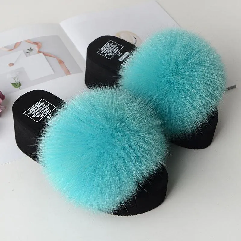 Chicvane Women's Solid Fox Fur Open Toe Fluffy Platform Slide Sleeper