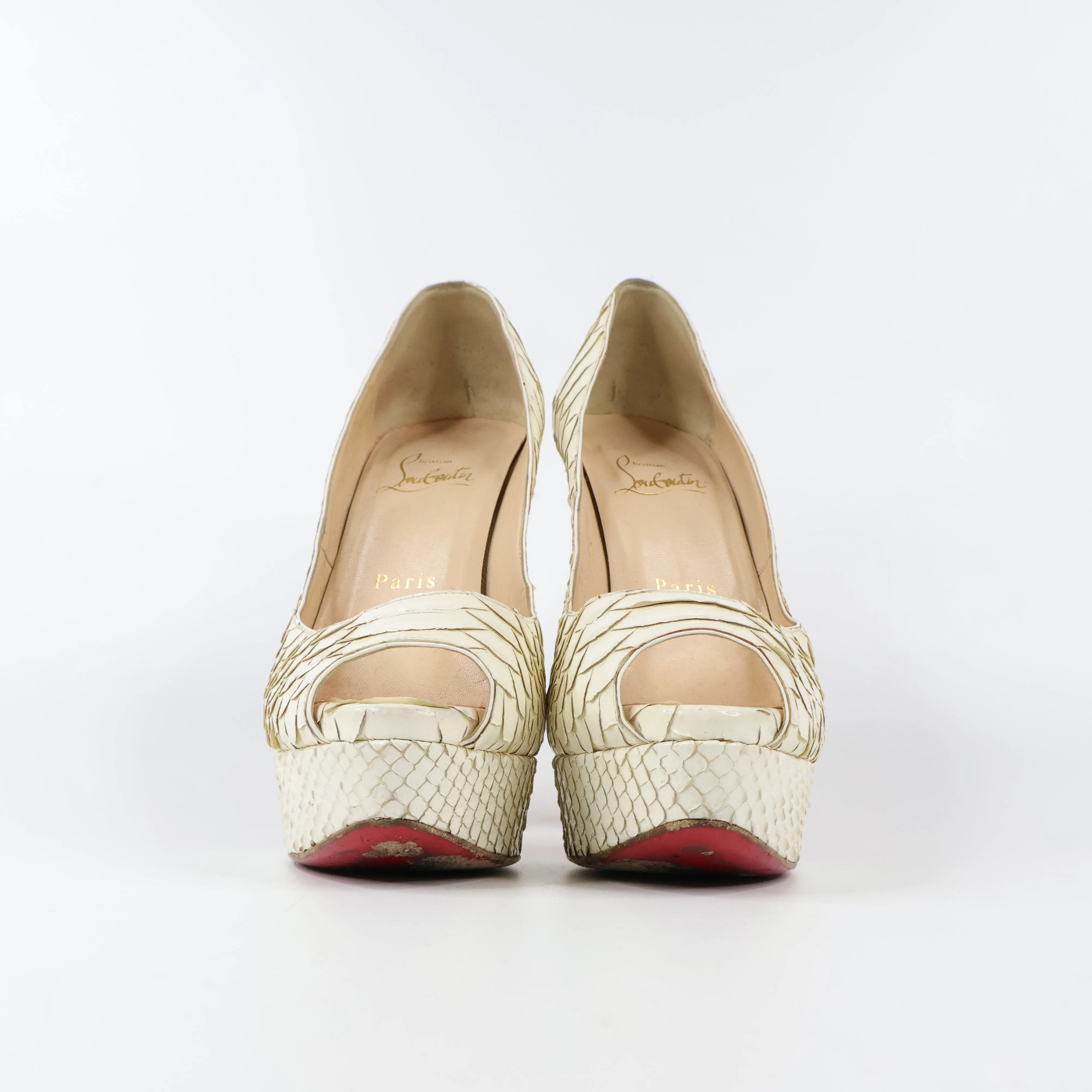 Christian Louboutin Python Peep Toe Pumps White