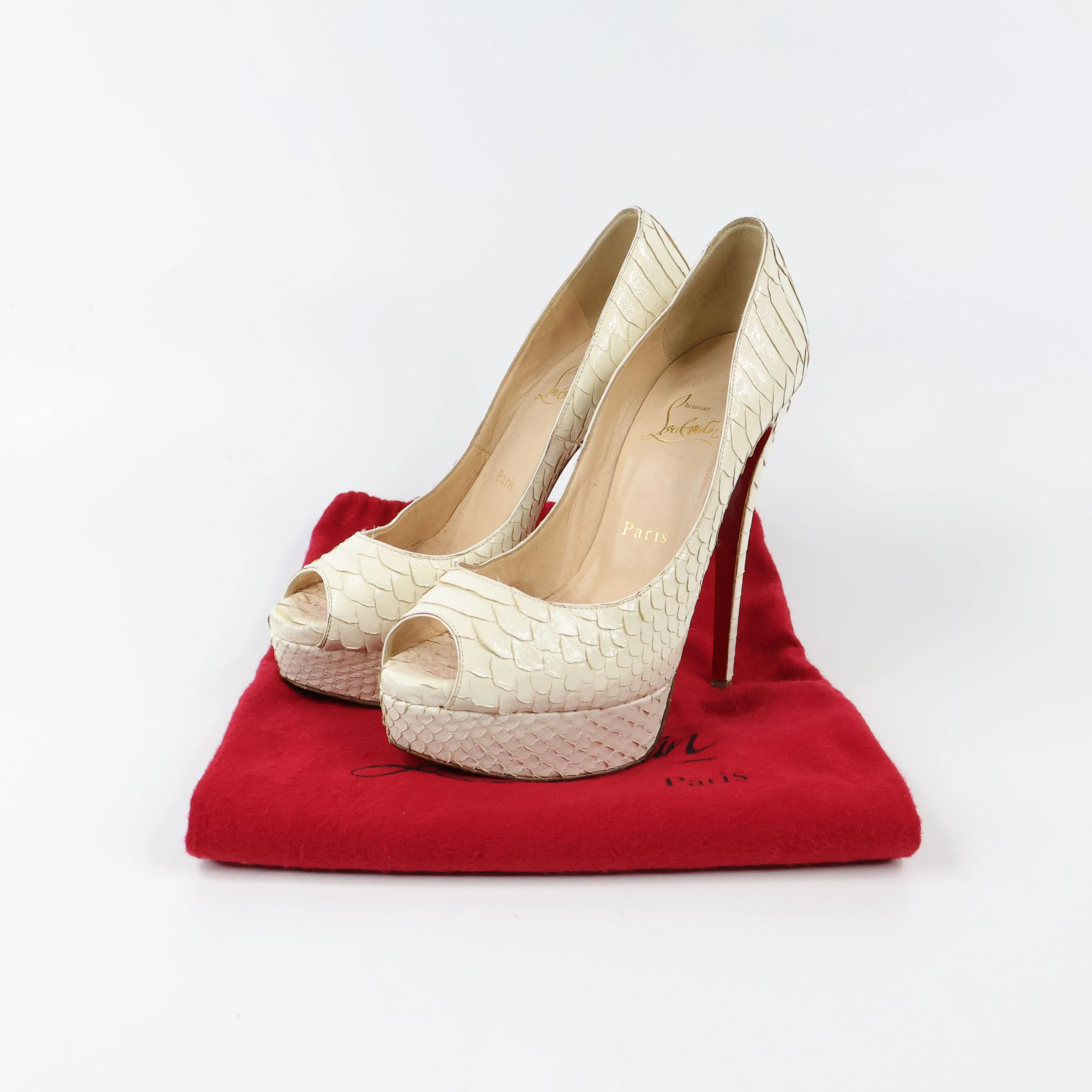 Christian Louboutin Python Peep Toe Pumps White