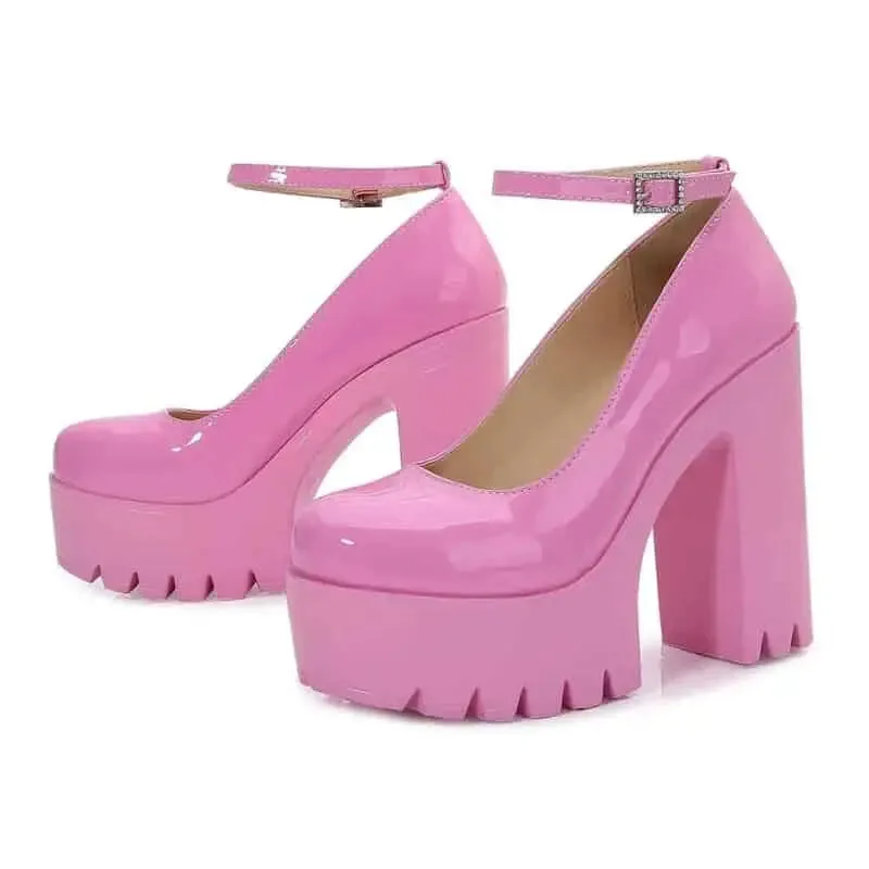 Chunky Square Heeled Ankle Strap Platform Pumps