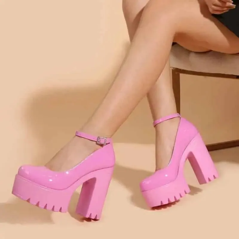 Chunky Square Heeled Ankle Strap Platform Pumps