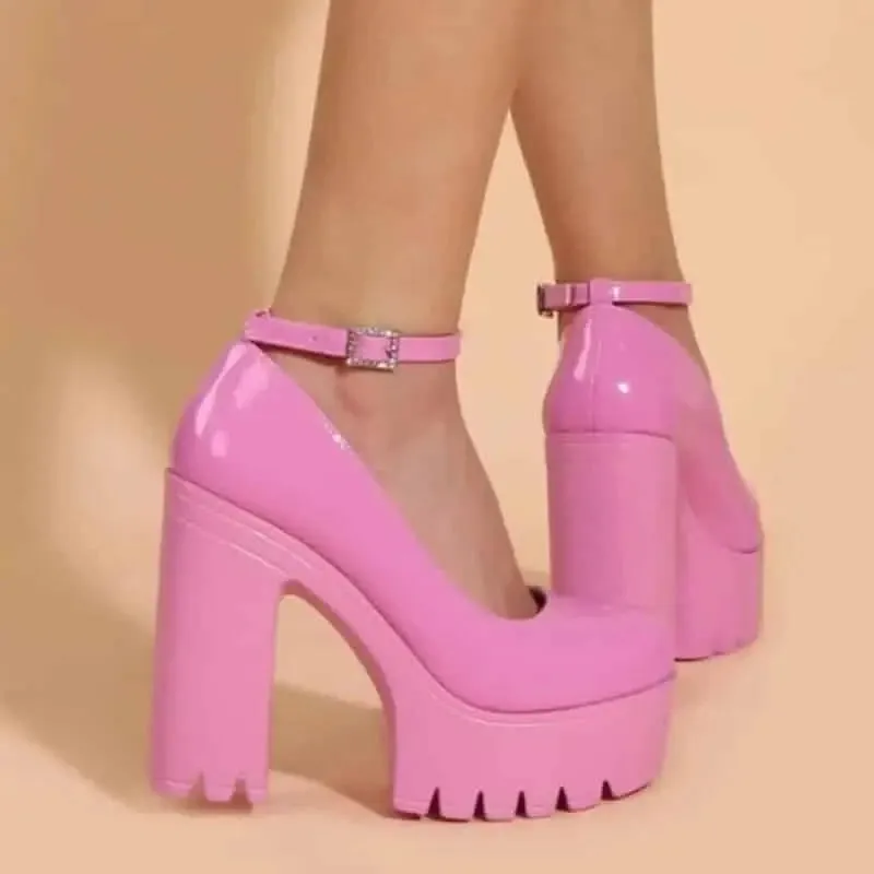 Chunky Square Heeled Ankle Strap Platform Pumps