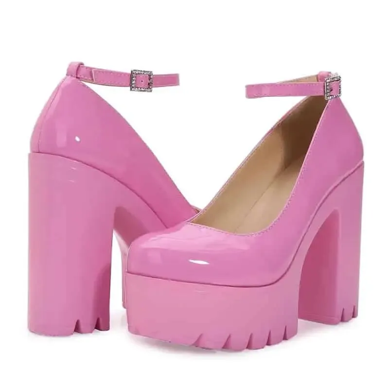 Chunky Square Heeled Ankle Strap Platform Pumps