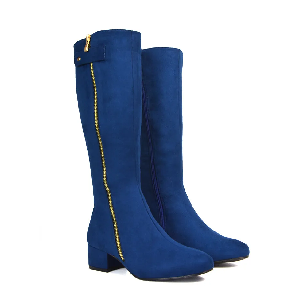 Darcy Low Block Heel Zip Up Knee High Long Boots in Black Faux Suede