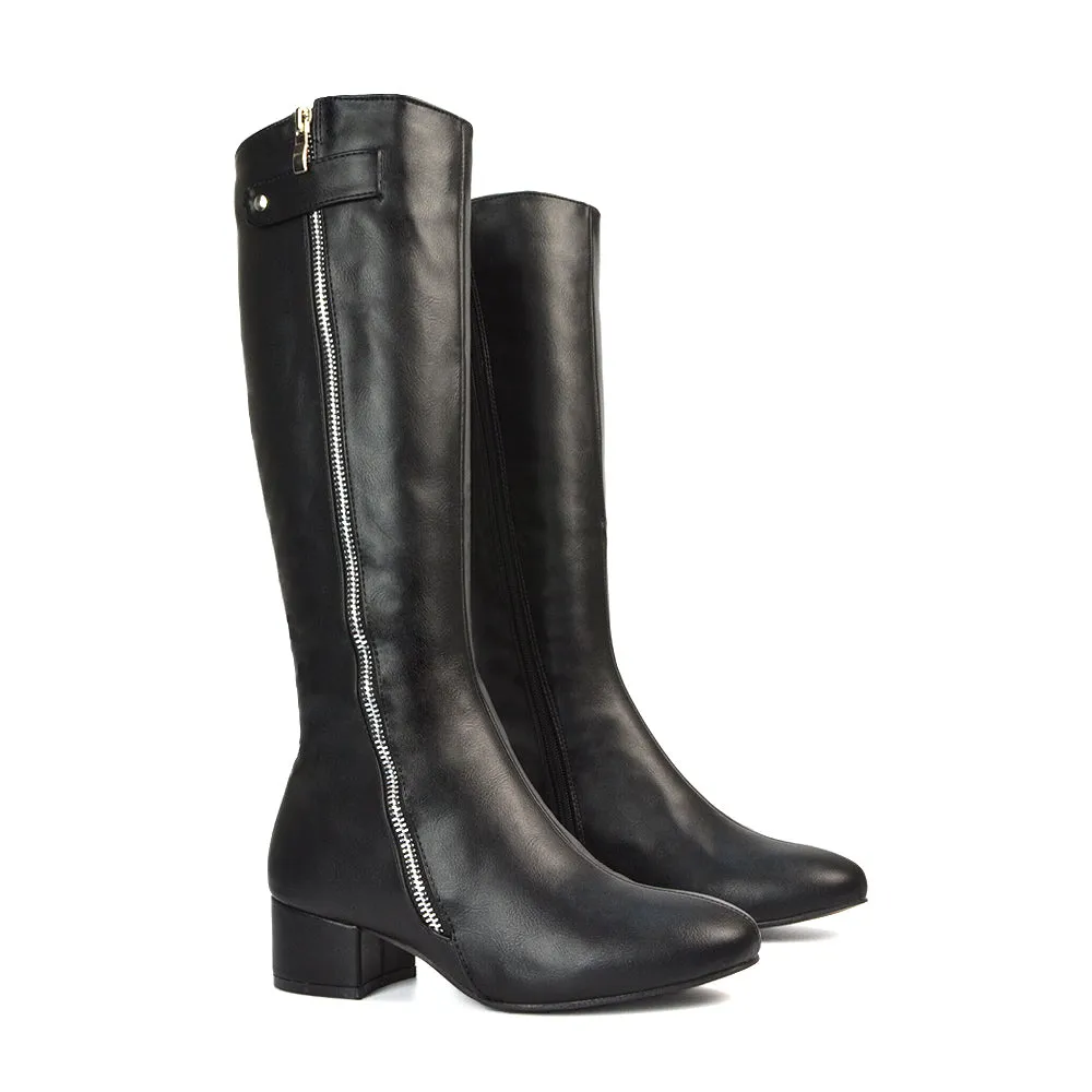 Darcy Low Block Heel Zip Up Knee High Long Boots in Black Faux Suede