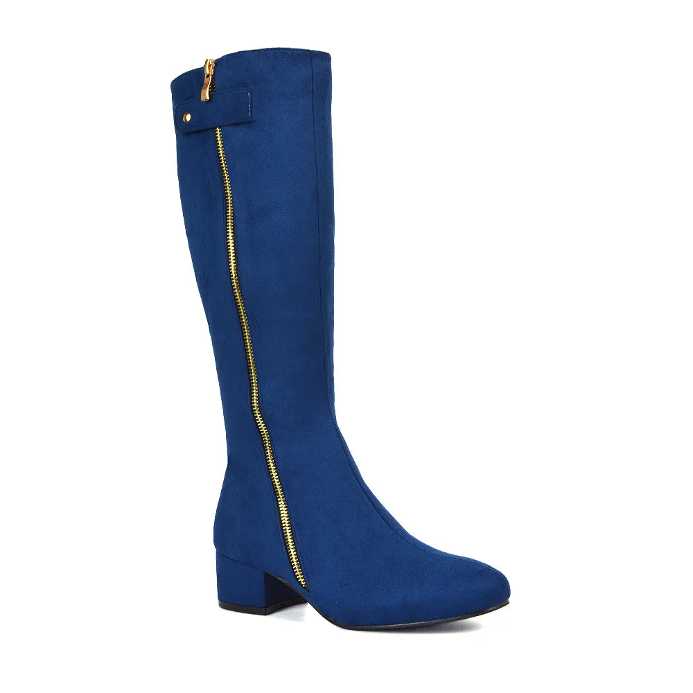 Darcy Low Block Heel Zip Up Knee High Long Boots in Black Faux Suede