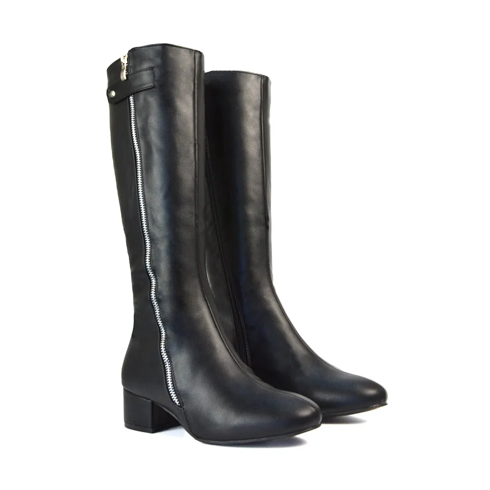 Darcy Low Block Heel Zip Up Knee High Long Boots in Black Faux Suede