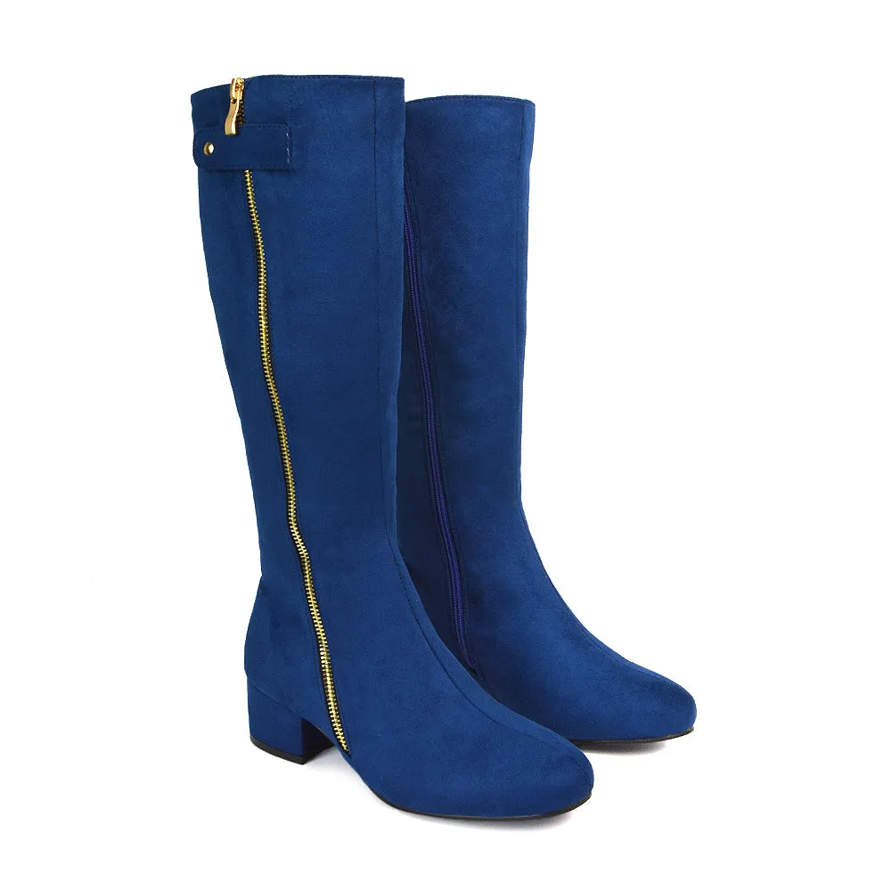 Darcy Low Block Heel Zip Up Knee High Long Boots in Black Faux Suede