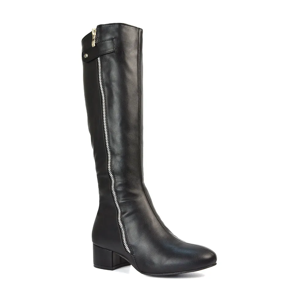 Darcy Low Block Heel Zip Up Knee High Long Boots in Black Faux Suede