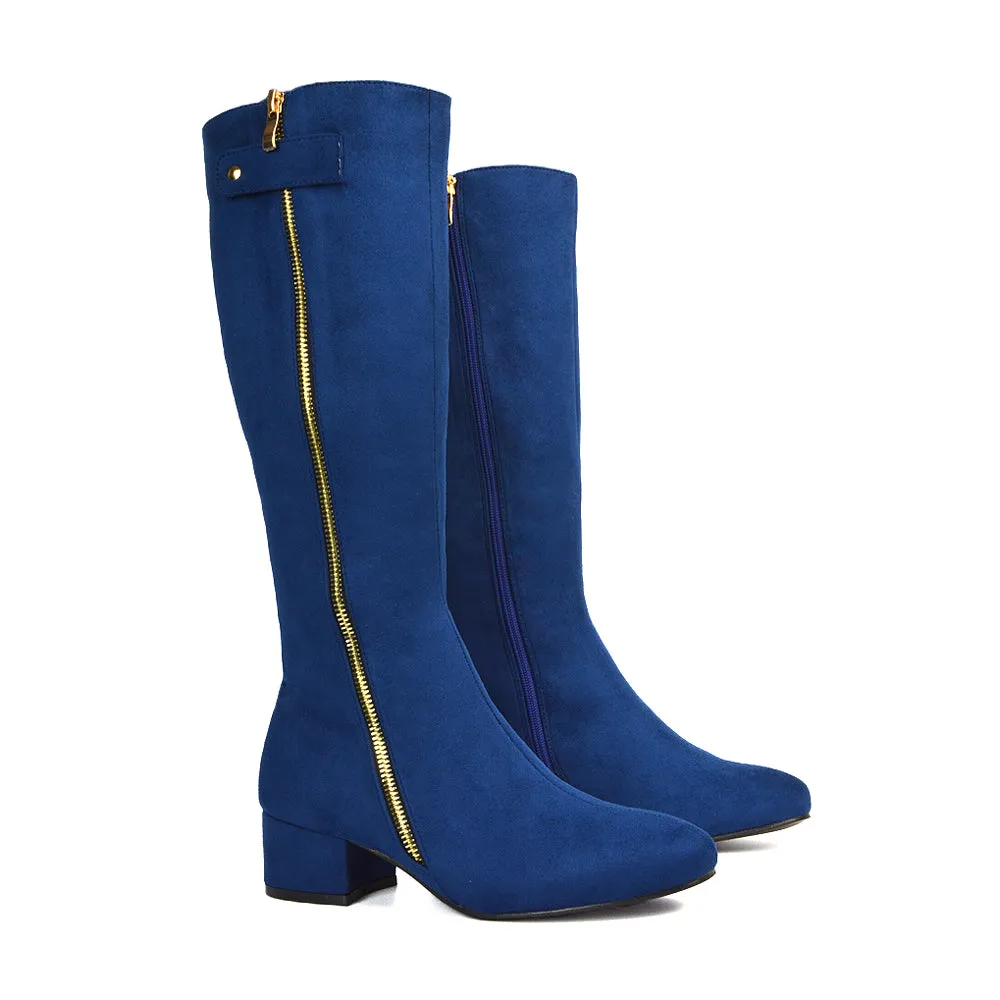 Darcy Low Block Heel Zip Up Knee High Long Boots in Black Faux Suede