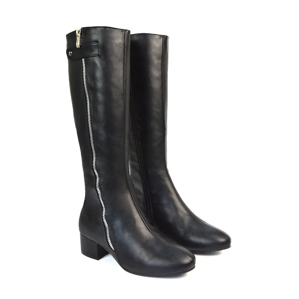 Darcy Low Block Heel Zip Up Knee High Long Boots in Black Faux Suede