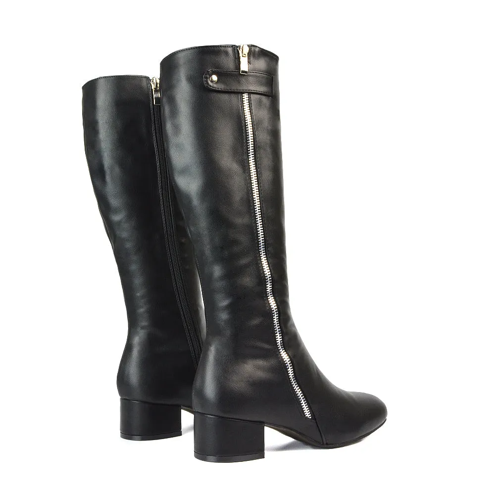Darcy Low Block Heel Zip Up Knee High Long Boots in Black Faux Suede