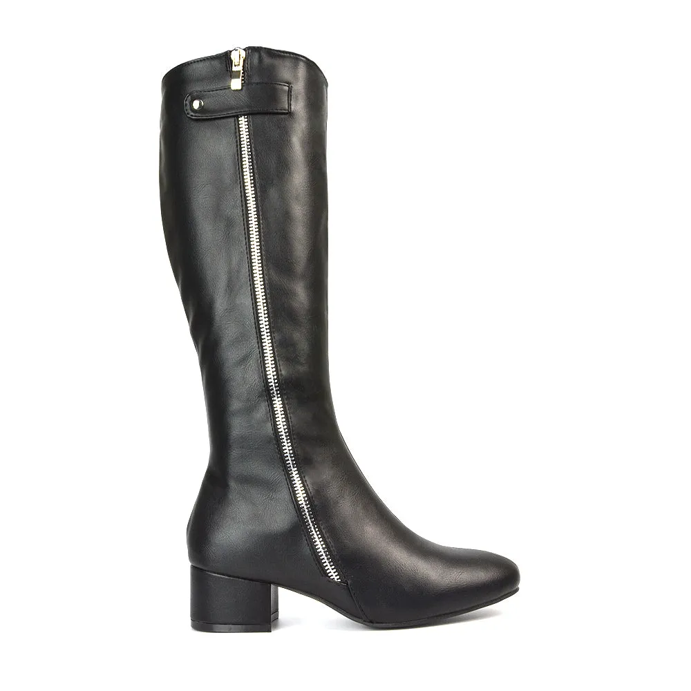 Darcy Low Block Heel Zip Up Knee High Long Boots in Black Faux Suede